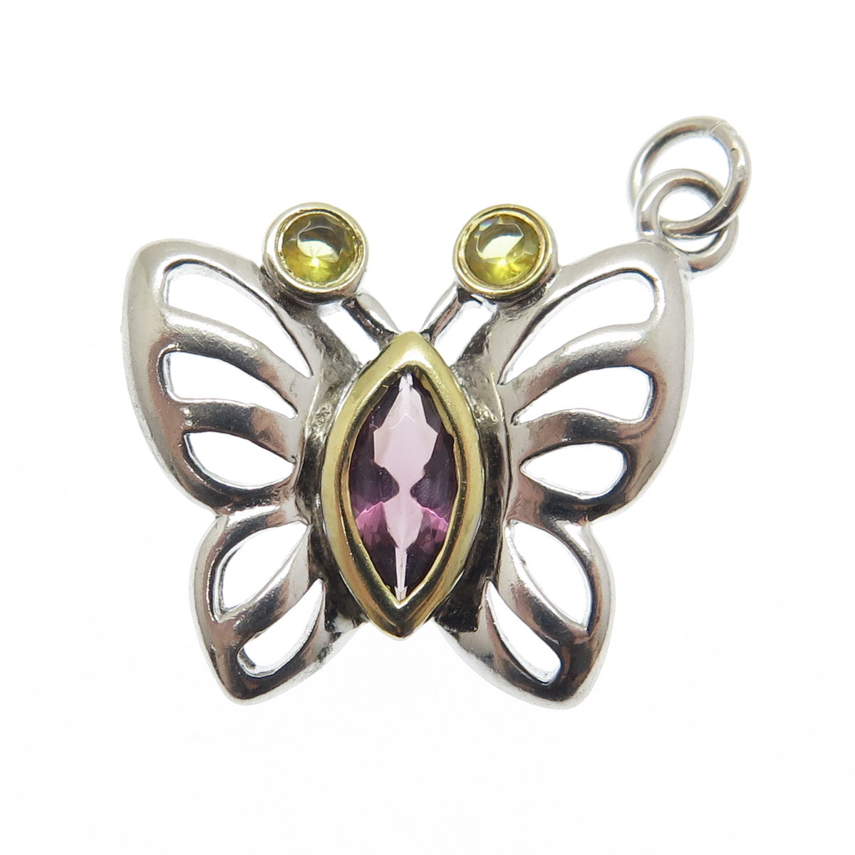 925 Sterling Silver 2-Tone Real Amethyst & Citrine Gemstone Butterfly Pendant