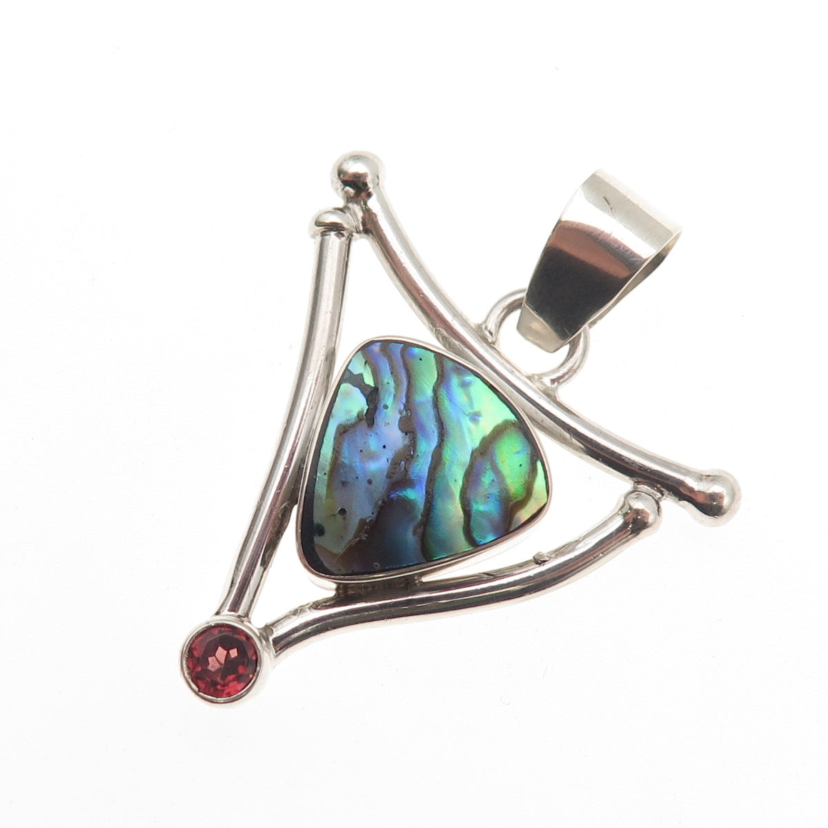925 Sterling Silver Vintage Real Abalone Shell & Red Garnet Modernist Pendant