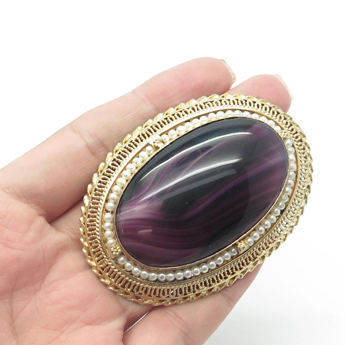 925 Sterling Silver Gold Plated Vintage Real Pearl & Lavender Glass Pin Brooch