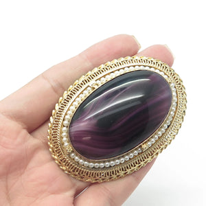 925 Sterling Silver Gold Plated Vintage Real Pearl & Lavender Glass Pin Brooch