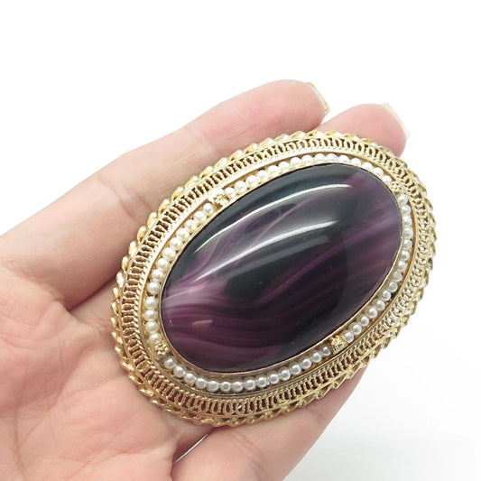925 Sterling Silver Gold Plated Vintage Real Pearl & Lavender Glass Pin Brooch