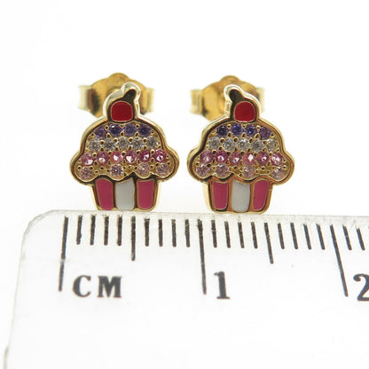 925 Sterling Silver Gold Plated Enamel Multi-Color C Z Cupcake Stud Earrings