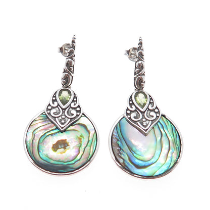 925 Sterling Silver Vintage Real Abalone Shell & Peridot Ornate Dangle Earrings