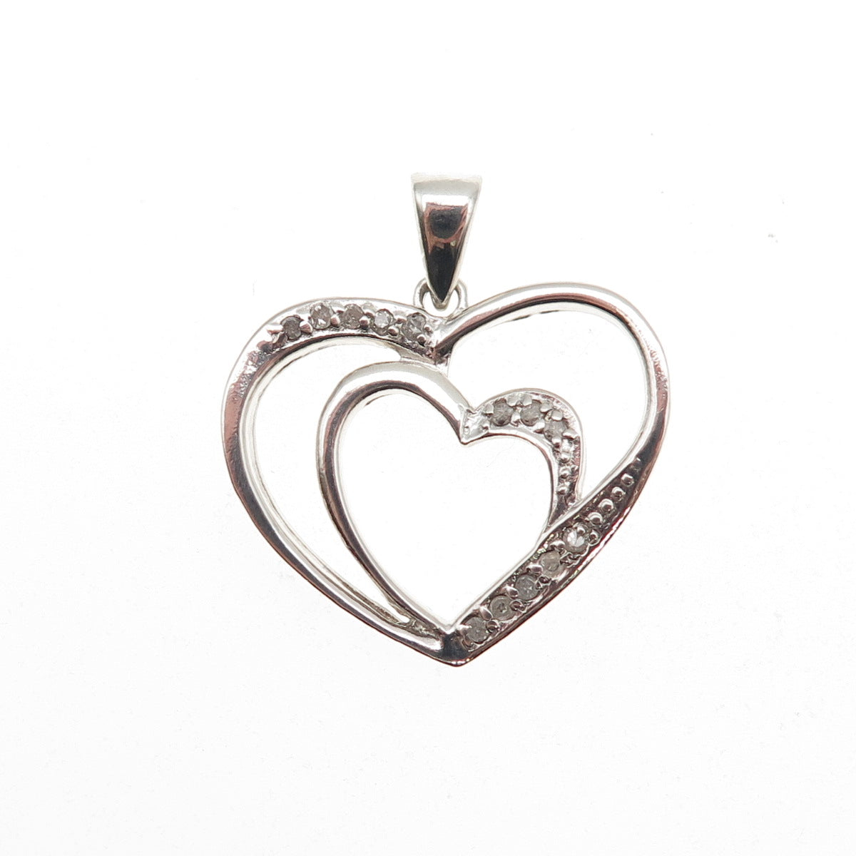 925 Sterling Silver Real Round-Cut Diamond Double Heart Charm Pendant
