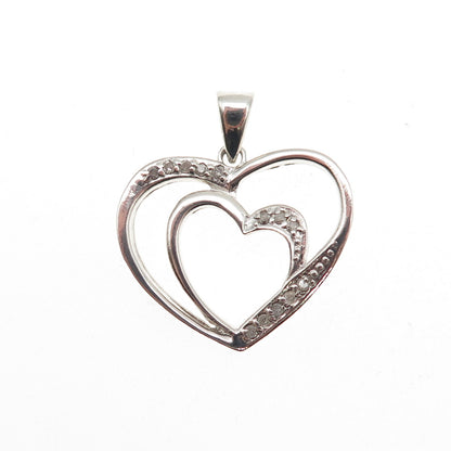 925 Sterling Silver Real Round-Cut Diamond Double Heart Charm Pendant