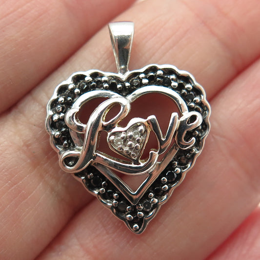 925 Sterling Silver Real Round-Cut Black & White Diamond "Love" Heart Pendant