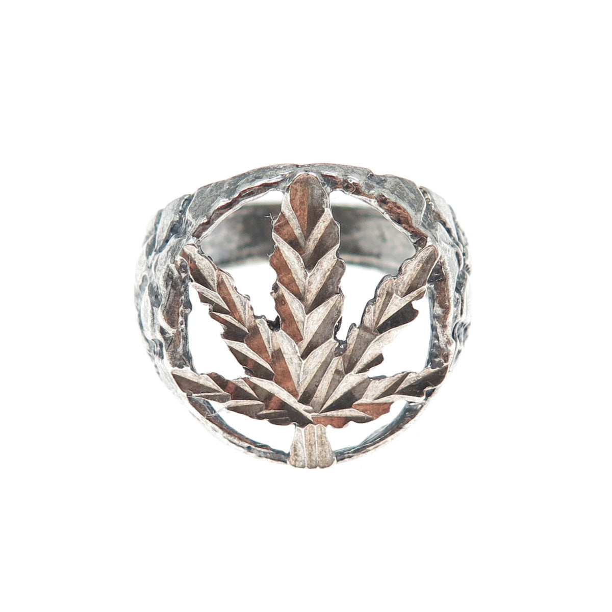 925 Sterling Silver Vintage Cannabis Leaf Oxidized Ring Size 11.75