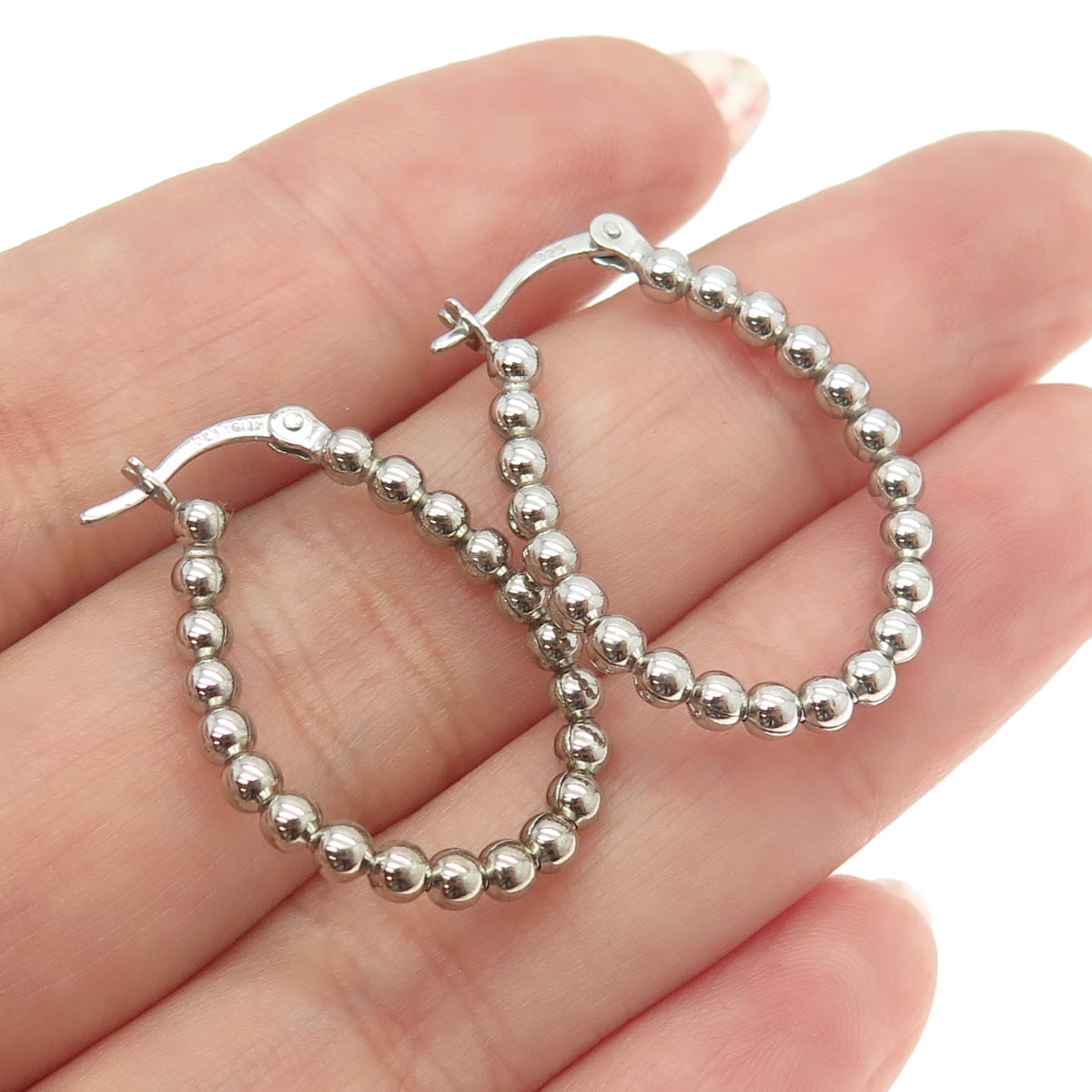 925 Sterling Silver Beaded Oval Hinged Earrings