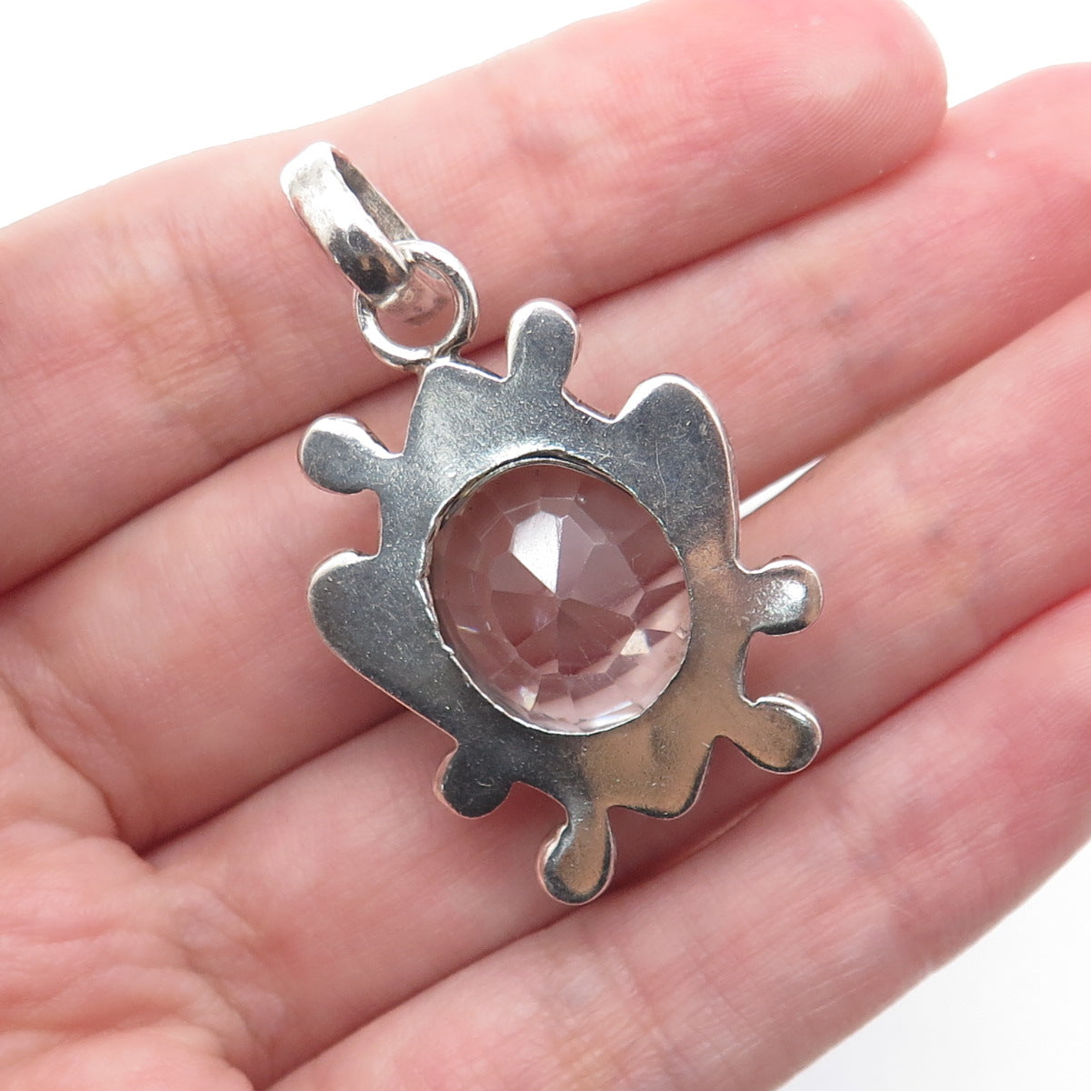 925 Sterling Silver Vintage Real Clear Quartz Beaded Oxidized Charm Pendant