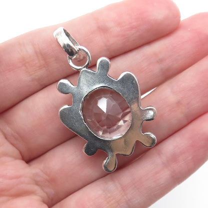 925 Sterling Silver Vintage Real Clear Quartz Beaded Oxidized Charm Pendant