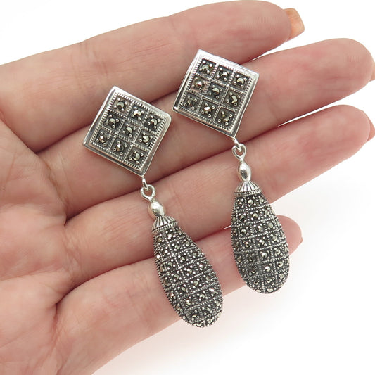 925 Sterling Silver Vintage Real Marcasite Gemstone Dangling Earrings