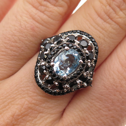 925 Sterling Silver Real Aquamarine & Black Spinel Ring Size 7.25