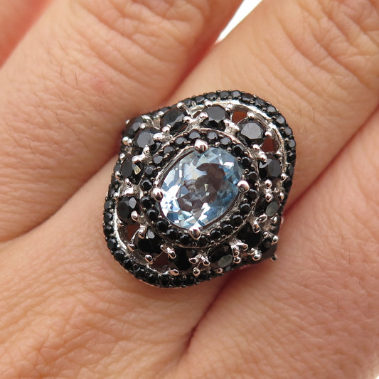 925 Sterling Silver Real Aquamarine & Black Spinel Ring Size 7.25