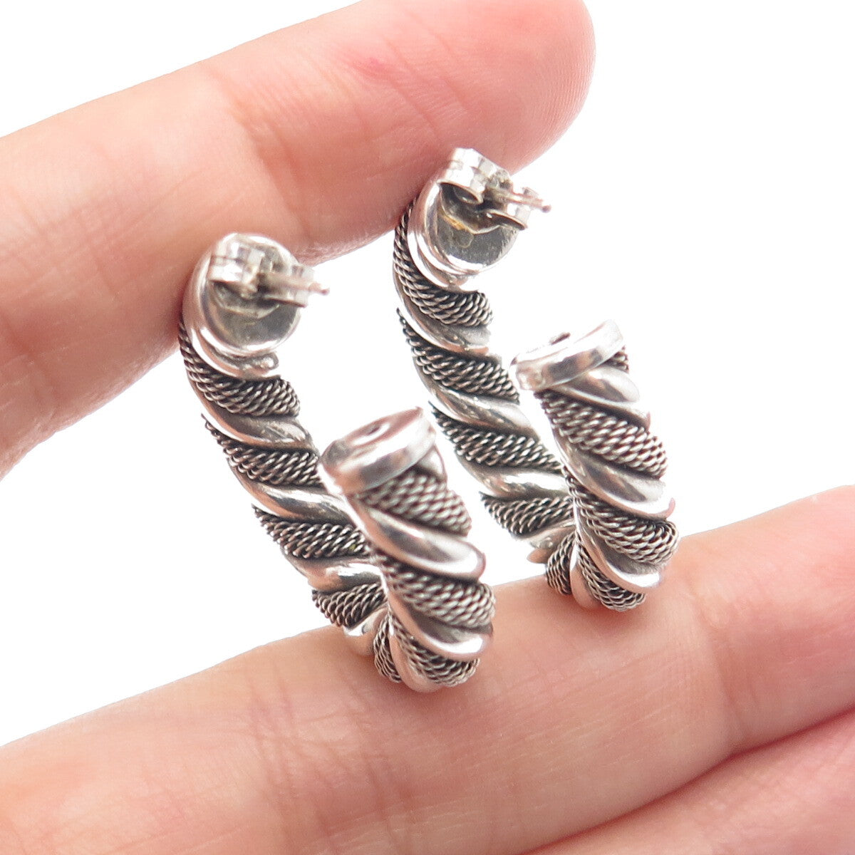 925 Sterling Silver Vintage Twisted Mesh Hoop Oxidized Earrings
