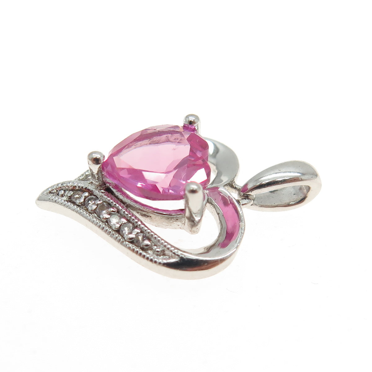 SAI 925 Sterling Silver White Topaz Gem Lab-Created Pink Sapphire Heart Pendant