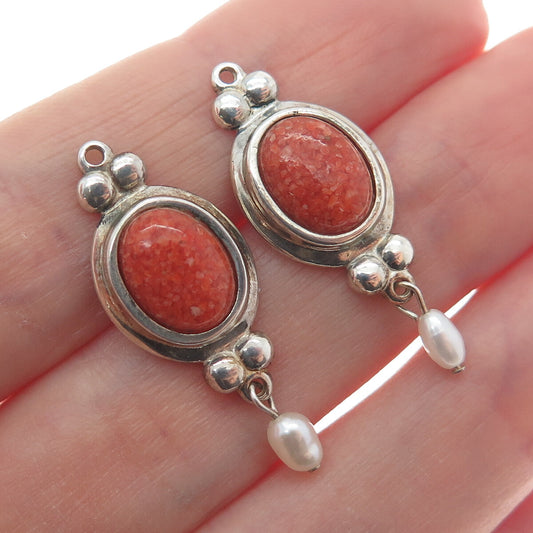 COLEMAN CO. 925 Sterling Silver Vintage Real Coral Inlay & Pearl Jacket Earrings