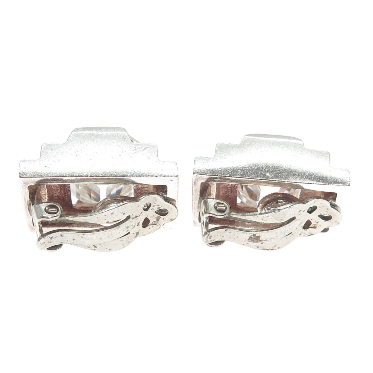925 Sterling Silver Vintage Emerald-Cut C Z Clip On Earrings