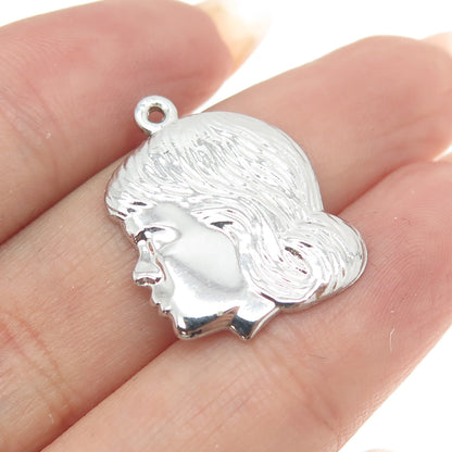 925 Sterling Silver Vintage Girl Face Profile Pendant