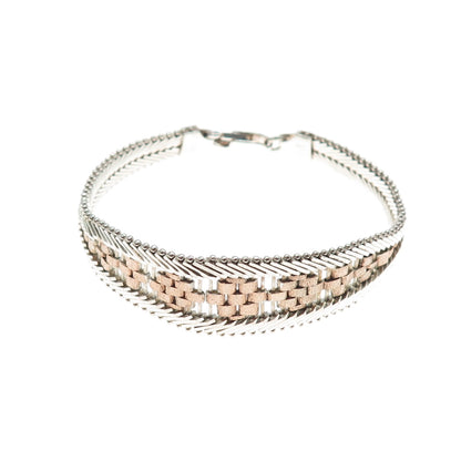 MILOR Sterling Silver 2-Tone Vintage Italy Riccio Chevron Link Bracelet 6.75"