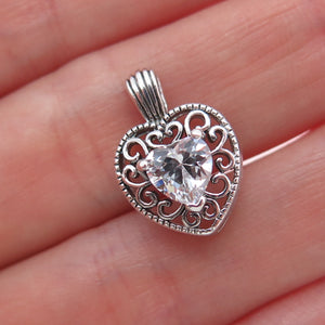 925 Sterling Silver Vintage C Z Ornate Heart Mini Charm Pendant