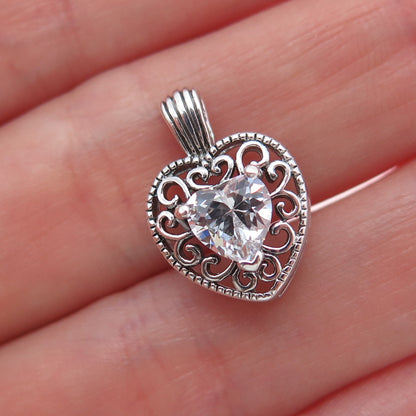 925 Sterling Silver Vintage C Z Ornate Heart Mini Charm Pendant