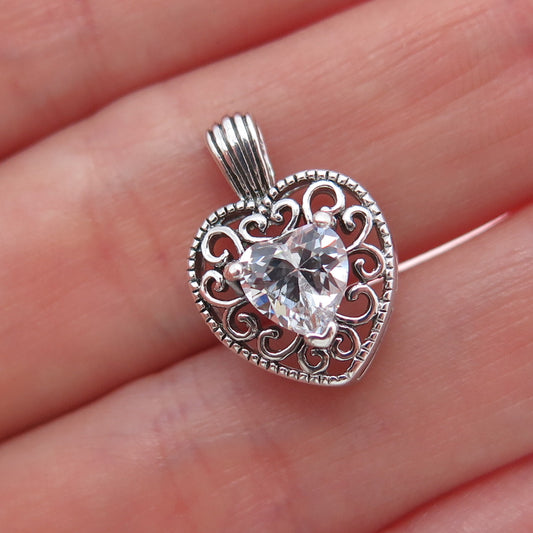 925 Sterling Silver Vintage C Z Ornate Heart Mini Charm Pendant