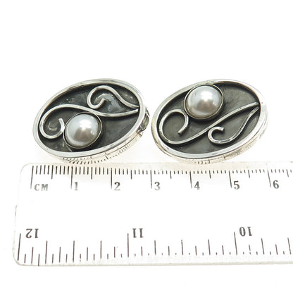 CELIA SEBIRI Sterling Silver Vintage Pearl Modernist Oxidized Clip On Earrings