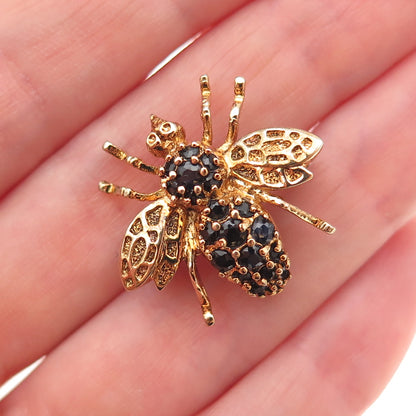 925 Sterling Silver Gold Plated Vintage Real Sapphire Fly Pin Brooch