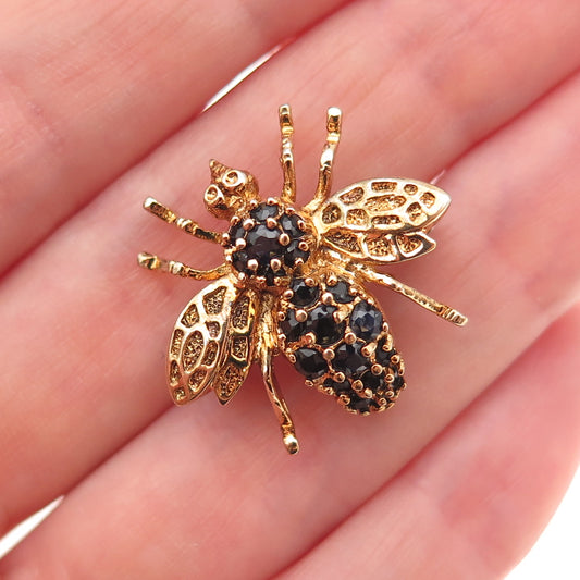 925 Sterling Silver Gold Plated Vintage Real Sapphire Fly Pin Brooch