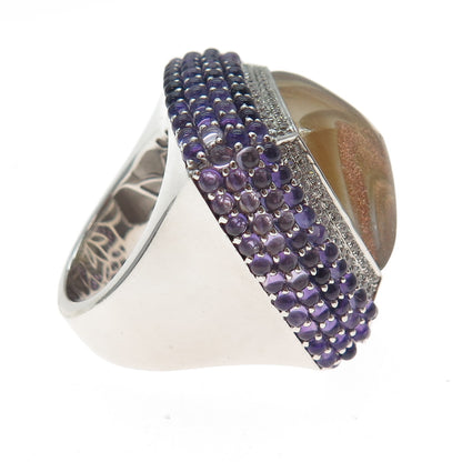 925 Sterling Silver Real Rutilated Quartz Amethyst & C Z Statement Ring Size 7