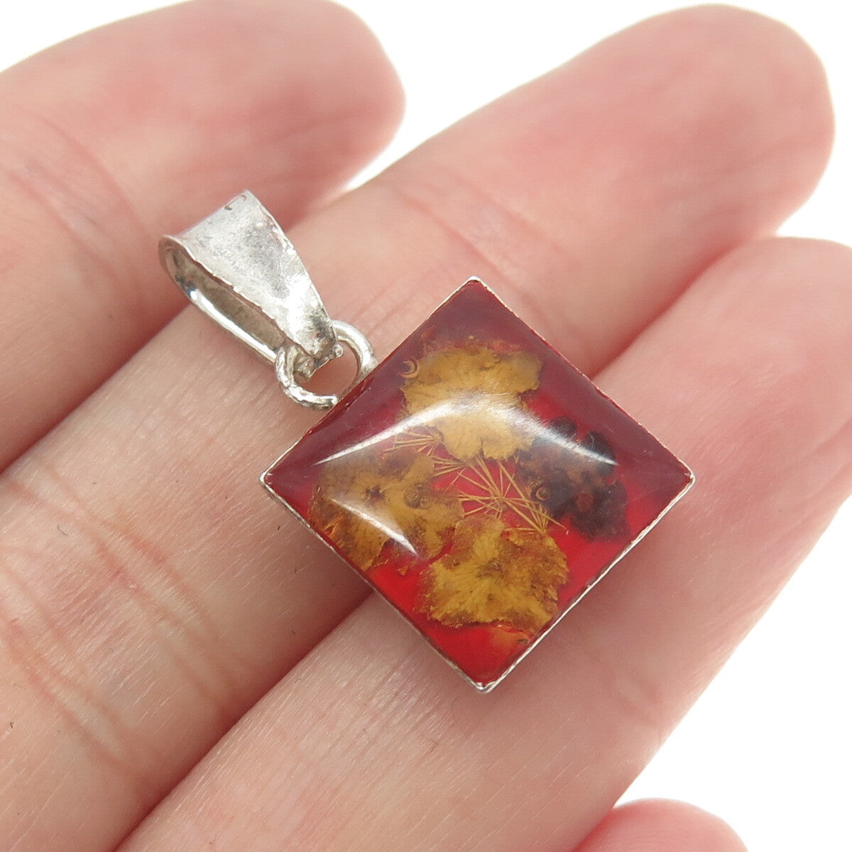 925 Sterling Silver Vintage Mexico Glass Pressed Flower Pendant