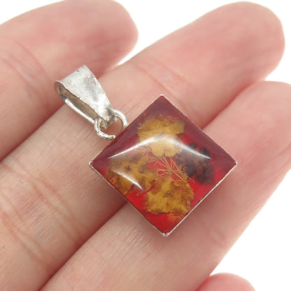 925 Sterling Silver Vintage Mexico Glass Pressed Flower Pendant