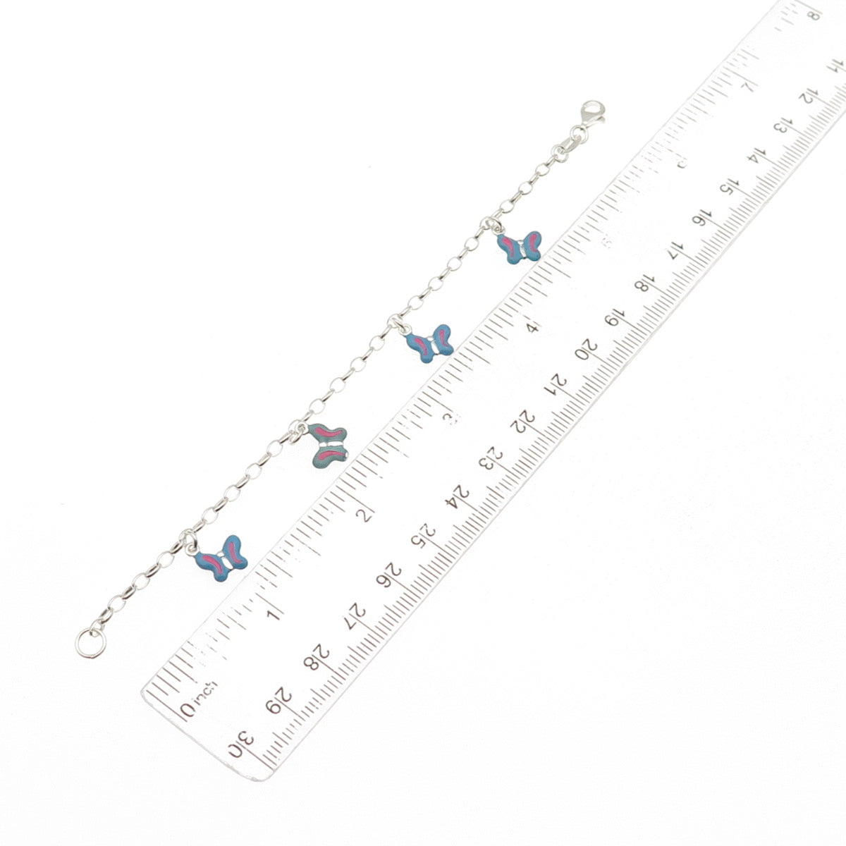 925 Sterling Silver Enamel Butterfly Dangle Charm Oval Link Bracelet 6"