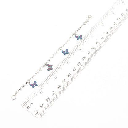 925 Sterling Silver Enamel Butterfly Dangle Charm Oval Link Bracelet 6"