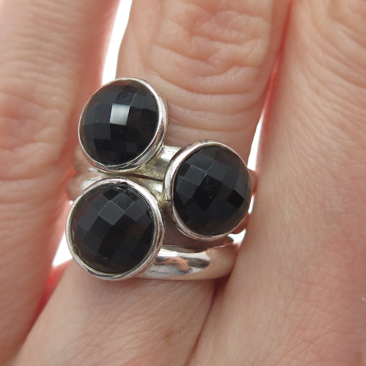 925 Sterling Silver Vintage Real Checkered Black Spinel Gem 3-Row Ring Size 7