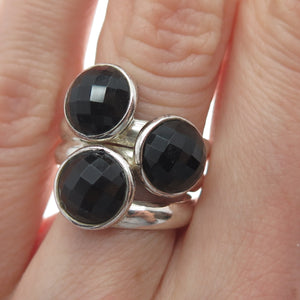 925 Sterling Silver Vintage Real Checkered Black Spinel Gem 3-Row Ring Size 7