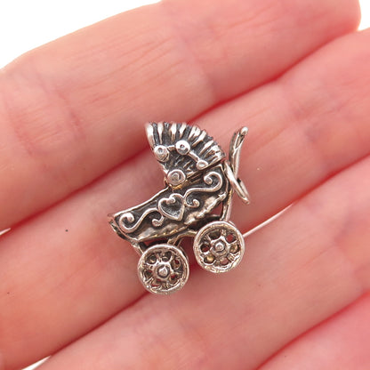 925 Sterling Silver Vintage Baby Stroller Oxidized 3D Charm Pendant