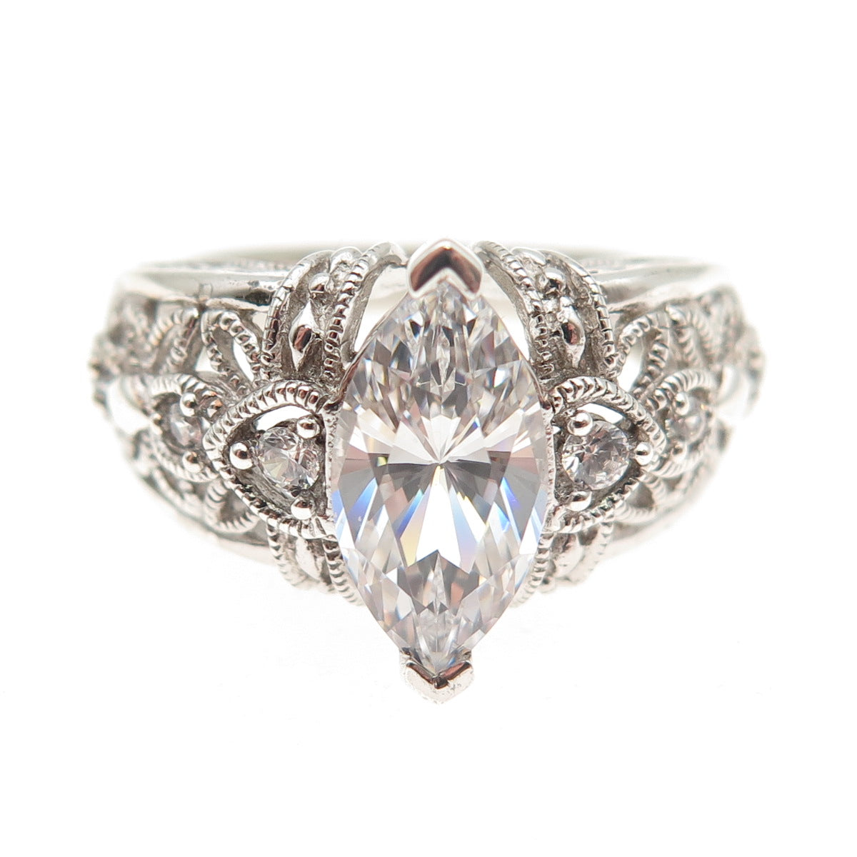 925 Sterling Silver Marquise & Round-Cut C Z Floral Ring Size 6.25