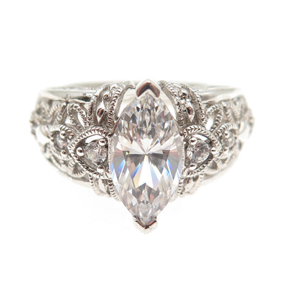 925 Sterling Silver Marquise & Round-Cut C Z Floral Ring Size 6.25