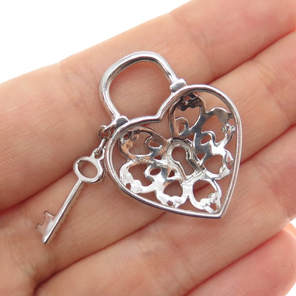 JANE SEYMOUR Sterling Silver Real Black & White Diamond Heart Lock Key Pendant