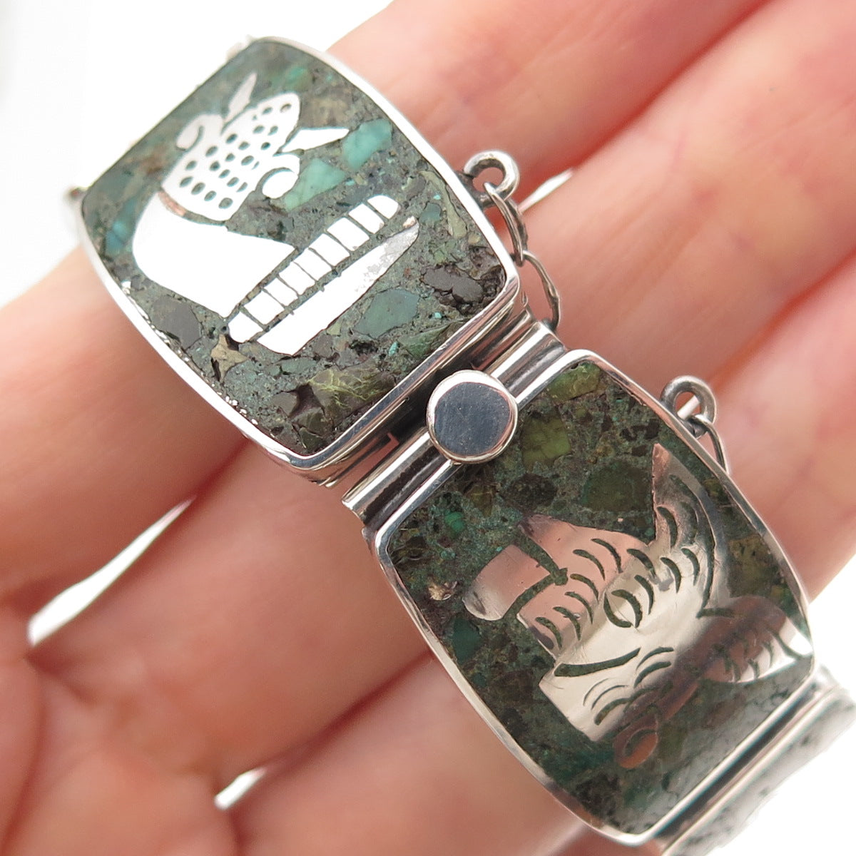 925 Sterling Silver Vintage Mexico Real Azurite Aztec Animals Bracelet 6.75"