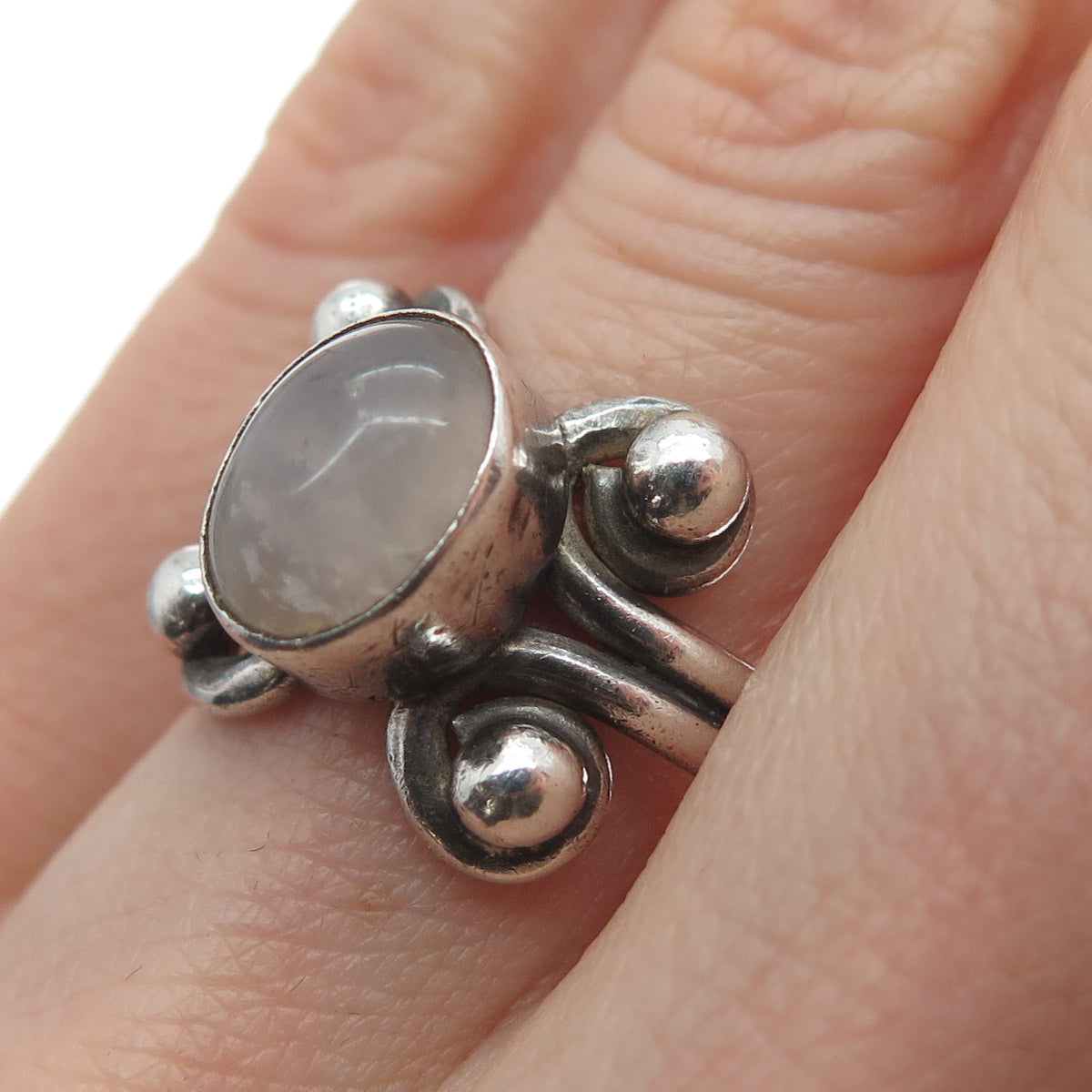 925 Sterling Silver Vintage Real Rose Quartz Oxidized Ring Size 8.5