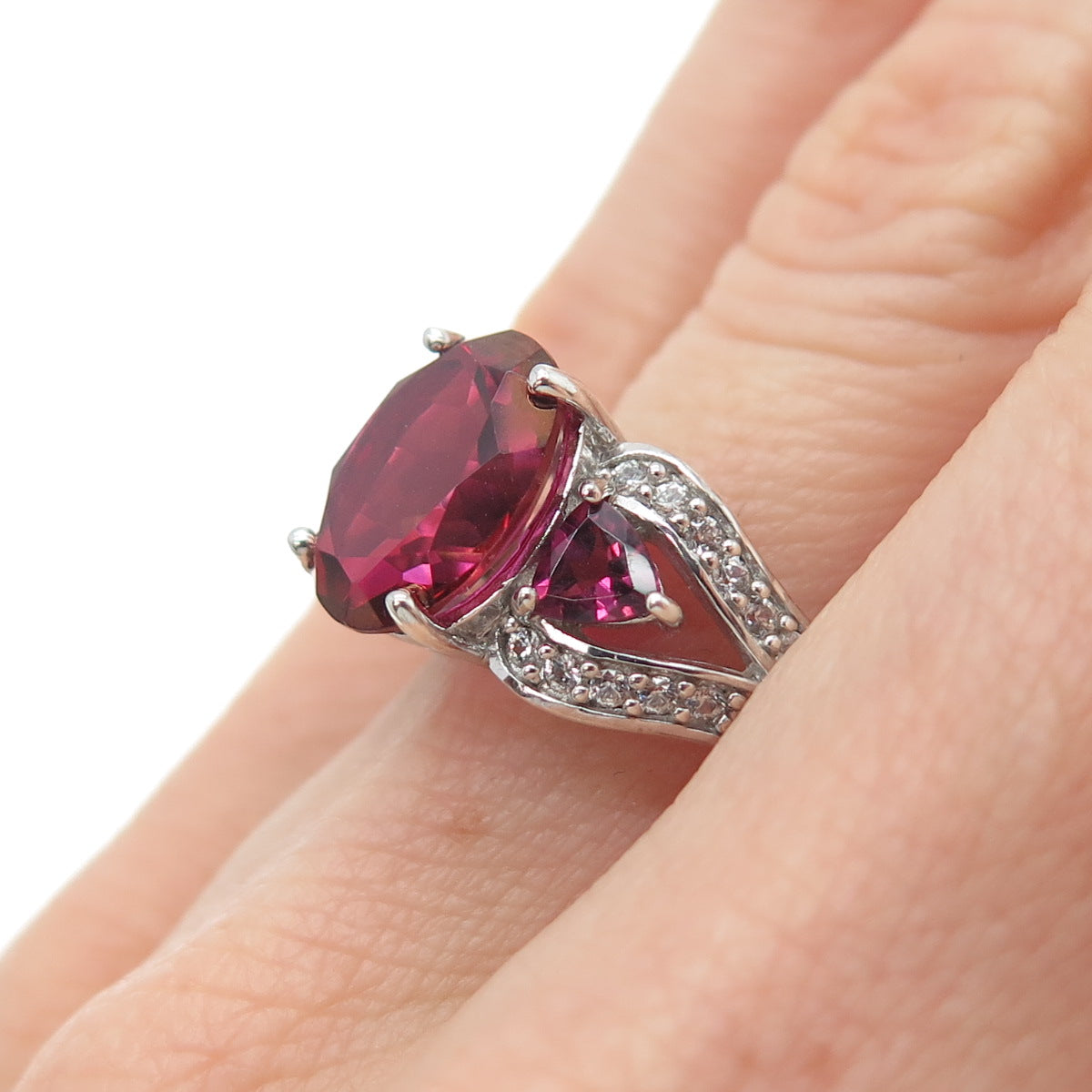 925 Sterling Silver Lab-Created Ruby Real White Topaz Tourmaline Ring Size 6.25