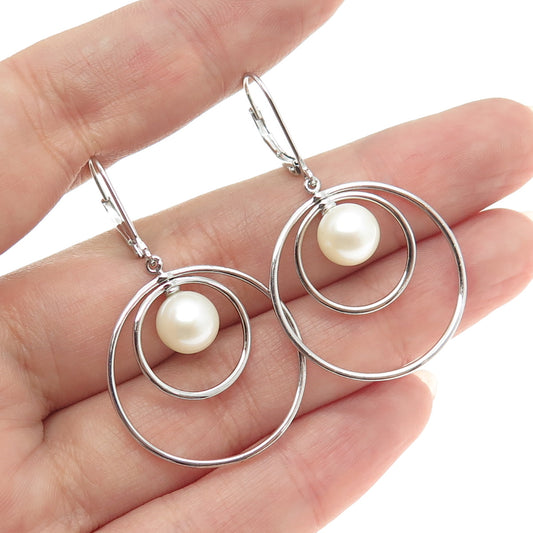 925 Sterling Silver Real Pearl Multi-Circle Dangling Earrings