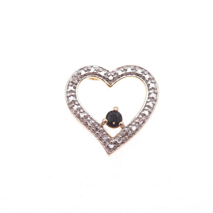 925 Sterling Silver 2-Tone Real Diamond & Sapphire Heart Slide Charm Pendant