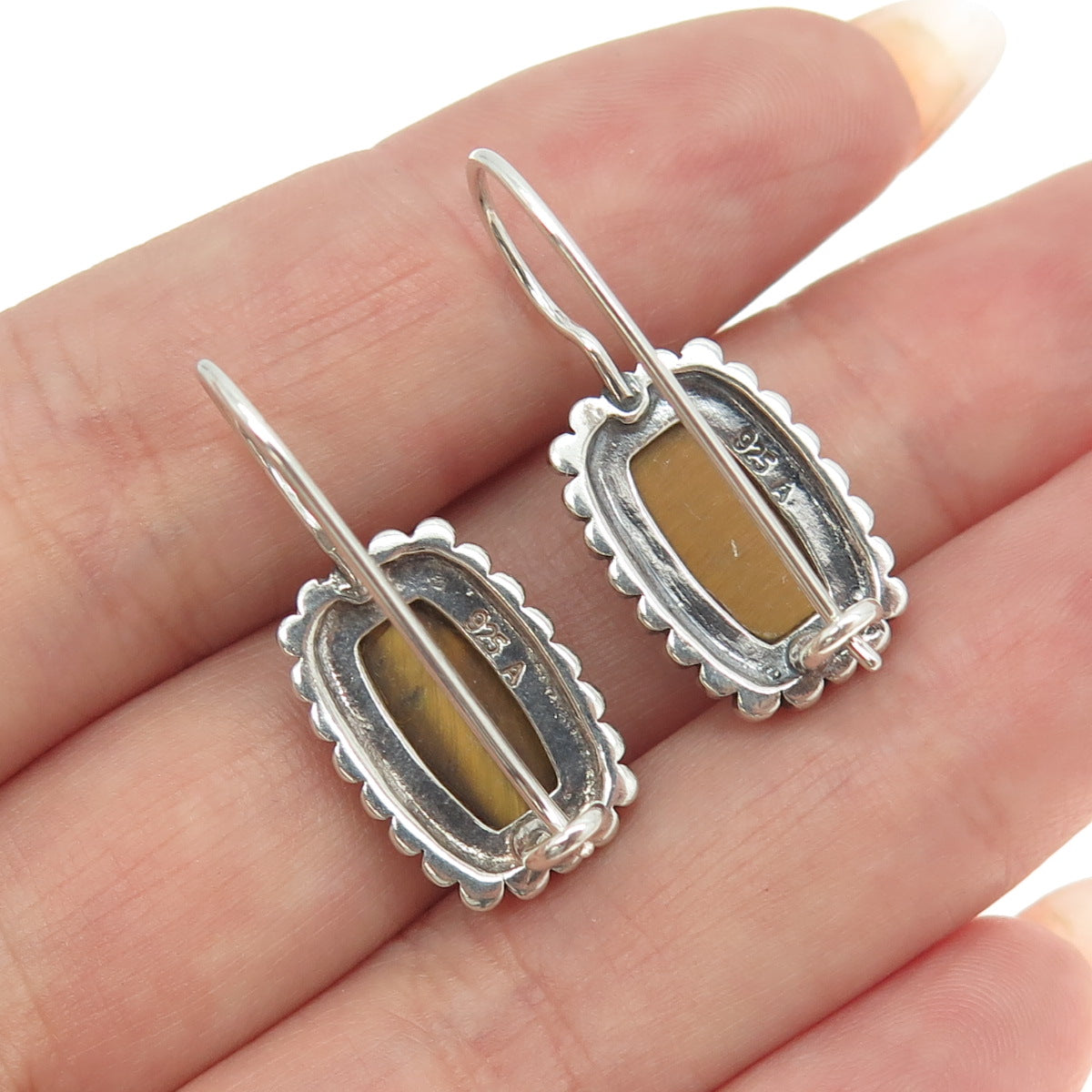 925 Sterling Silver Vintage Real Tiger Eye Beaded Earrings