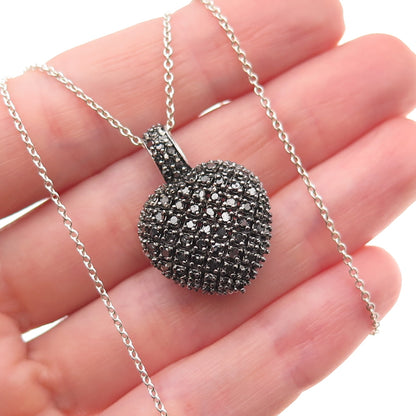 925 Sterling Silver Real Black & White Diamond Heart Cable Chain Necklace 18"