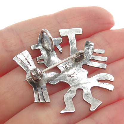 925 Sterling Silver & 18K Gold Vintage Real Turquoise Mayan Warrior Pin Pendant