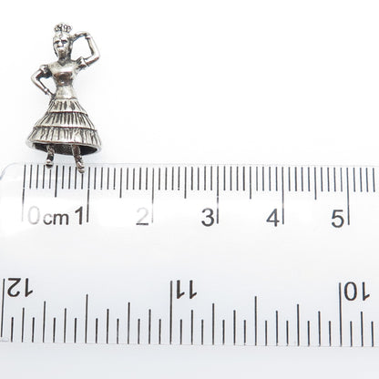 925 Sterling Silver Vintage Flamenco Dancer Oxidized 3D Charm Pendant