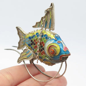 925 Sterling Silver Antique Enamel Chinese Fish Articulated Chatelaine Fob
